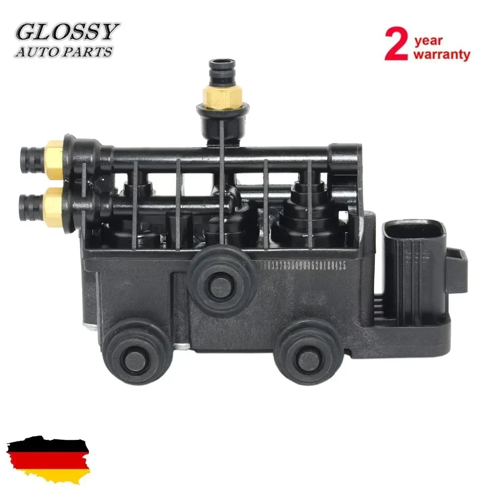 Czarny plastikowy blok zaworów zawieszenia powietrznego z złotymi elementami do land rover discovery 3 4 suv 4x4 2993ccm