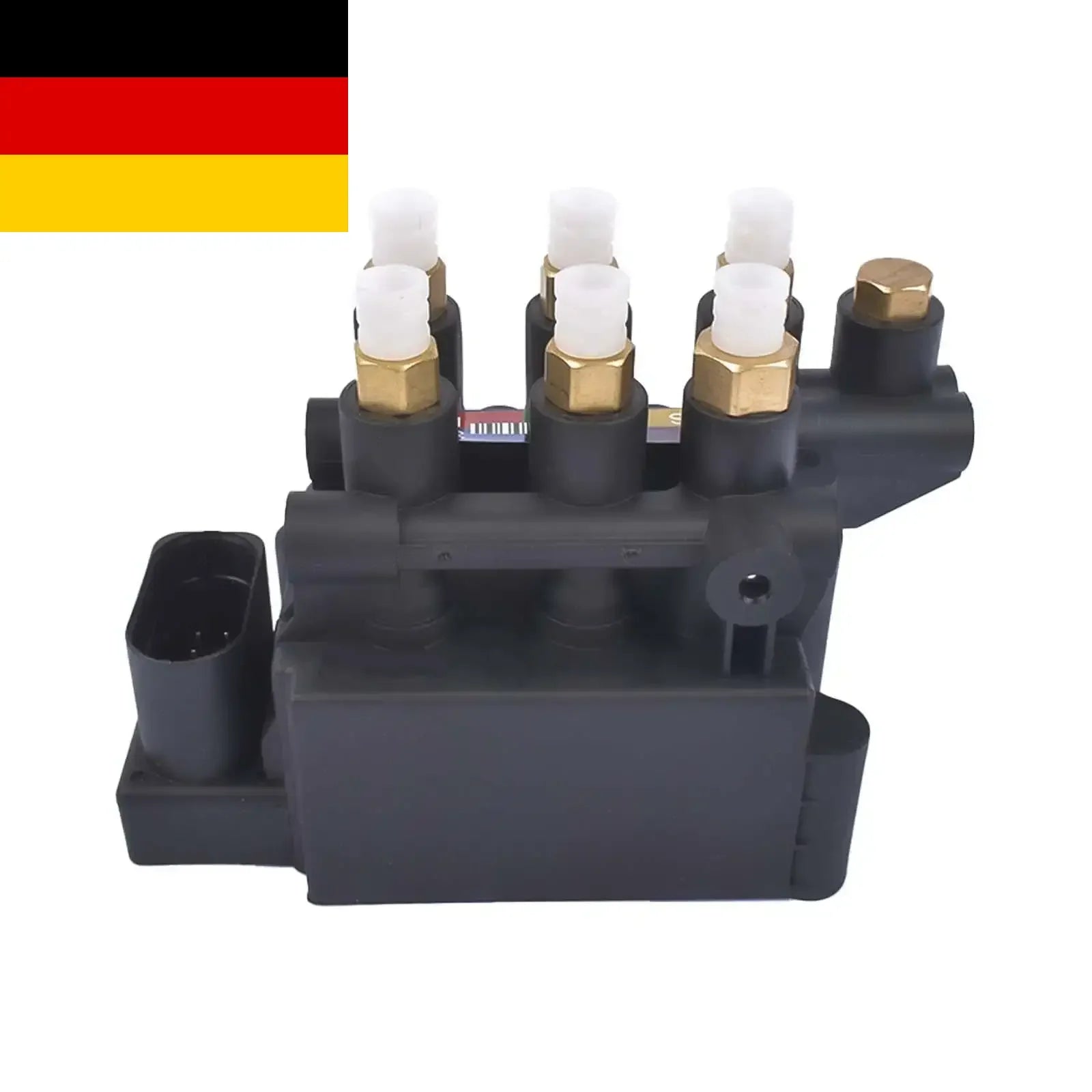 Czarny plastikowy zawór solenoidowy zawieszenia powietrznego z sześcioma złotymi gwintowanymi końcówkami do bmw g11 g12