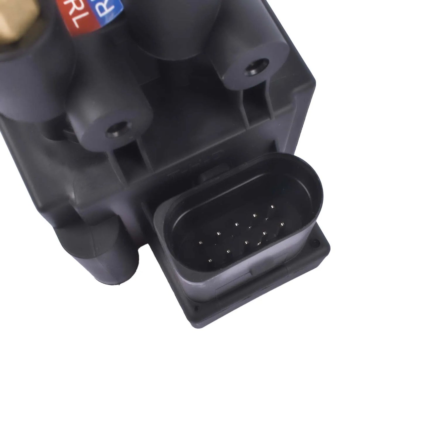 Czarny plastikowy solenoidowy zawieszenia powietrznego z etykietą czerwono-niebieską do bmw serii 7 g11 g12