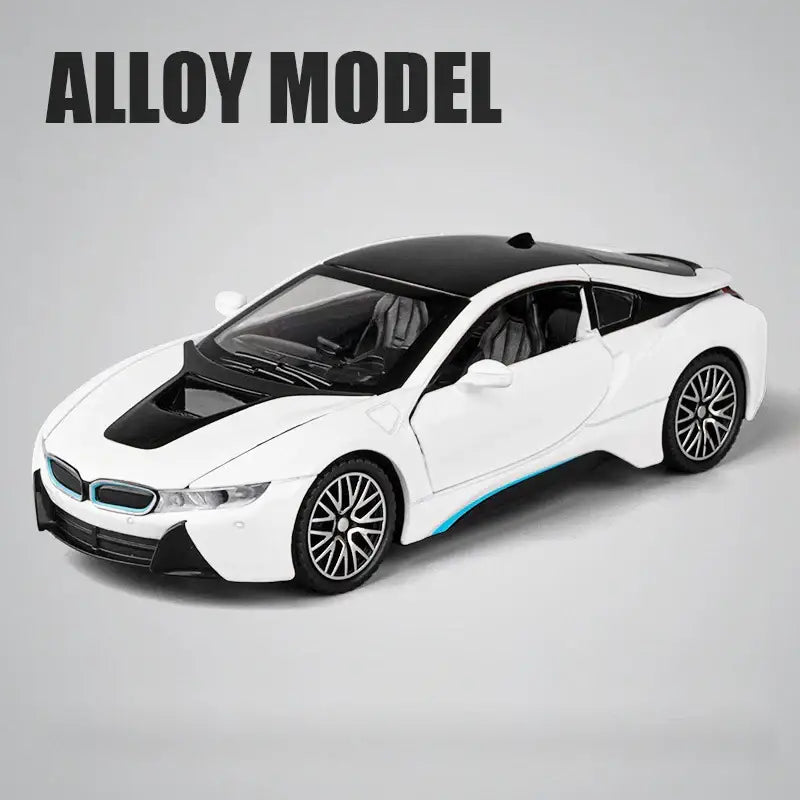 BMW i8 1:32 – Metalowy Model Samochodu z Dźwiękiem i Światłem - Biały bez pudełka