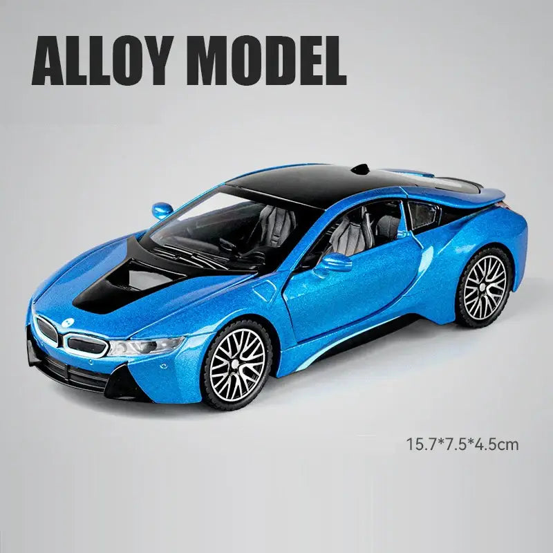 BMW i8 1:32 – Metalowy Model Samochodu z Dźwiękiem i Światłem - Niebieskie bez pudełka