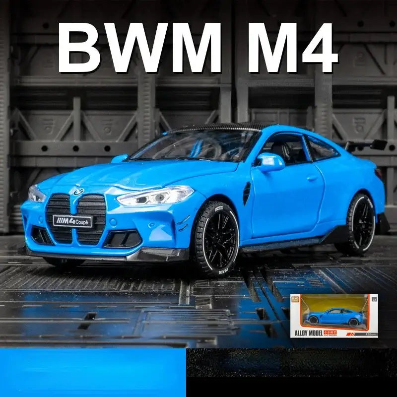 BMW M4 1:32 – Metalowy Model Sportowego Samochodu z Efektami Dźwiękowymi i Świetlnymi - Niebieski z pudełkiem