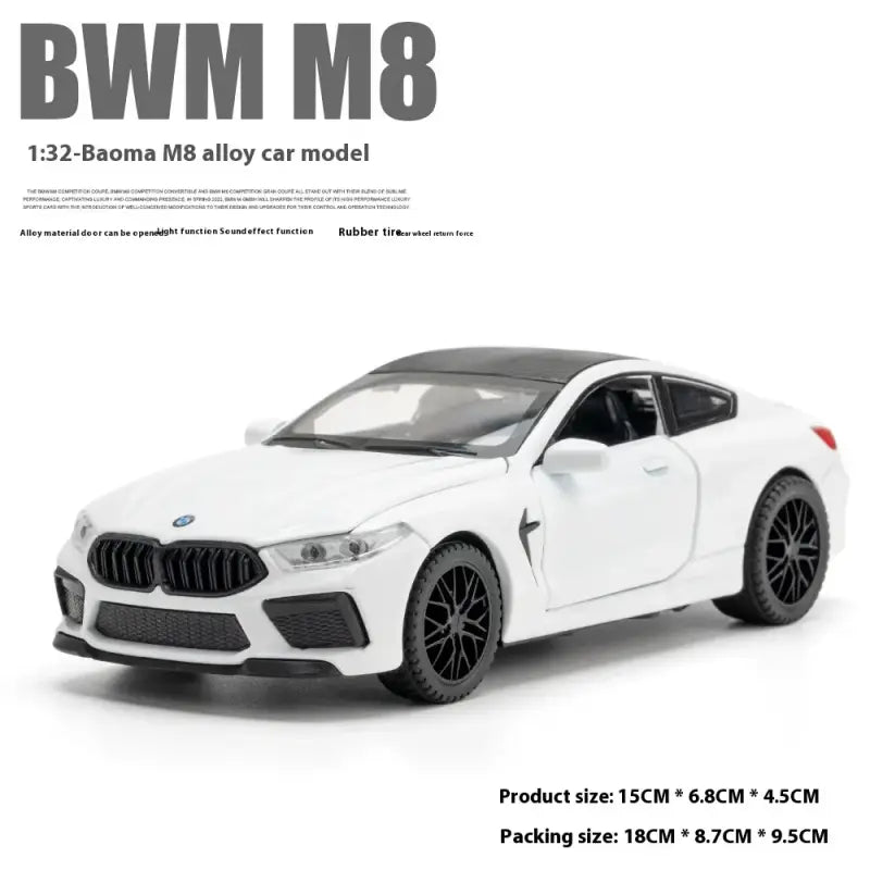 BMW M8 1:32 – Metalowy Model Samochodu z Dźwiękiem i Światłem - Biały z pudełkiem