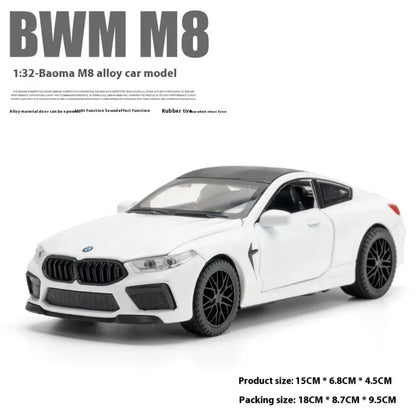 BMW M8 1:32 – Metalowy Model Samochodu z Dźwiękiem i Światłem - Biały z pudełkiem