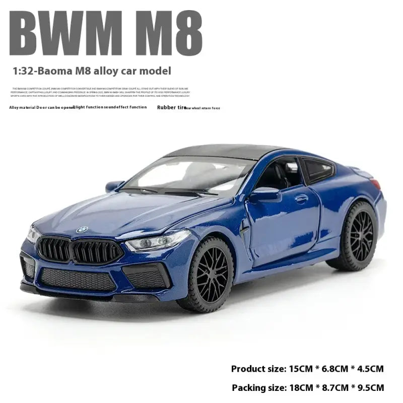 BMW M8 1:32 – Metalowy Model Samochodu z Dźwiękiem i Światłem - Niebieski z pudełkiem