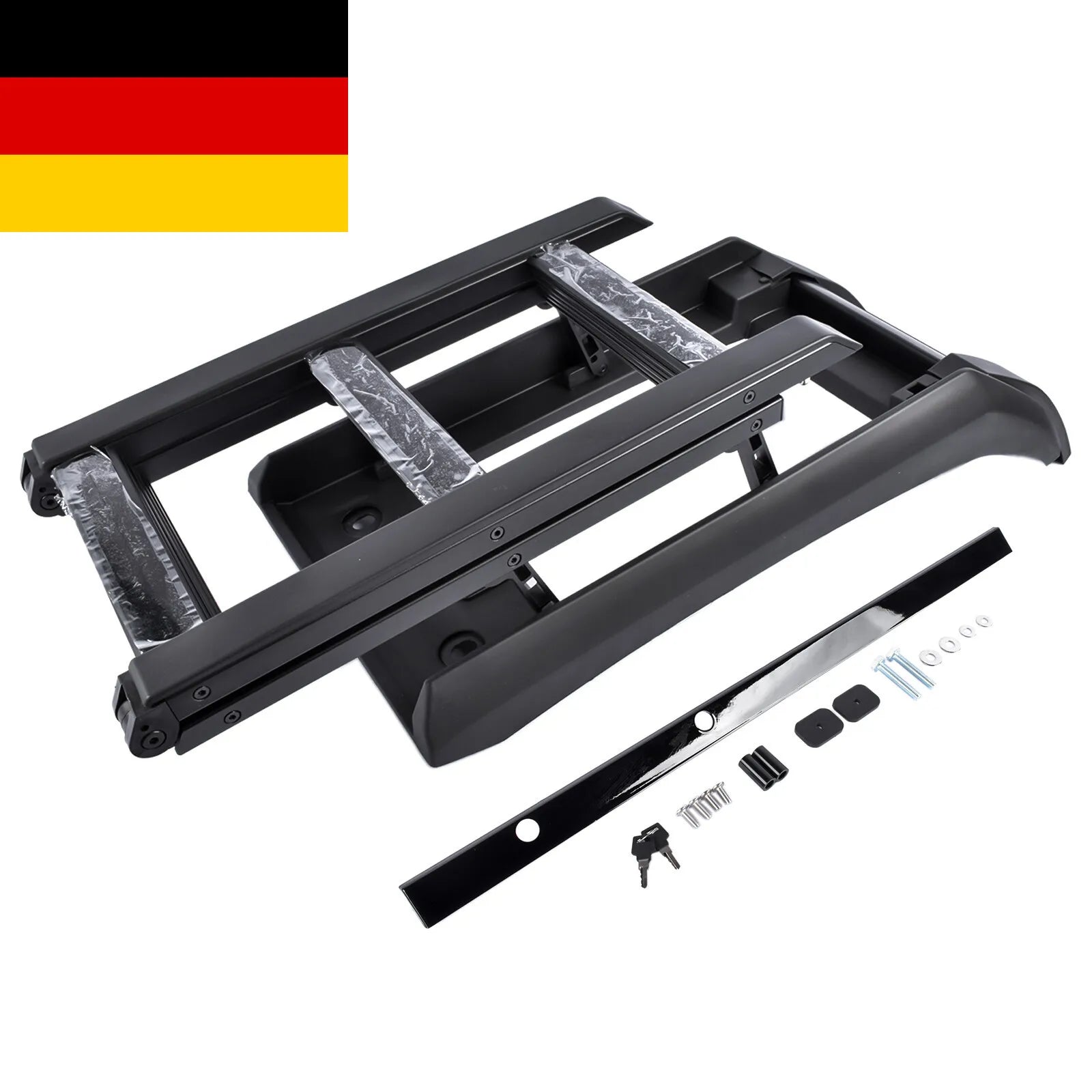Czarna plastikowa boczna drabina dachowa zintegrowana z poręczami i mocowaniami do land rover defender 90 110 L663 2020 2024