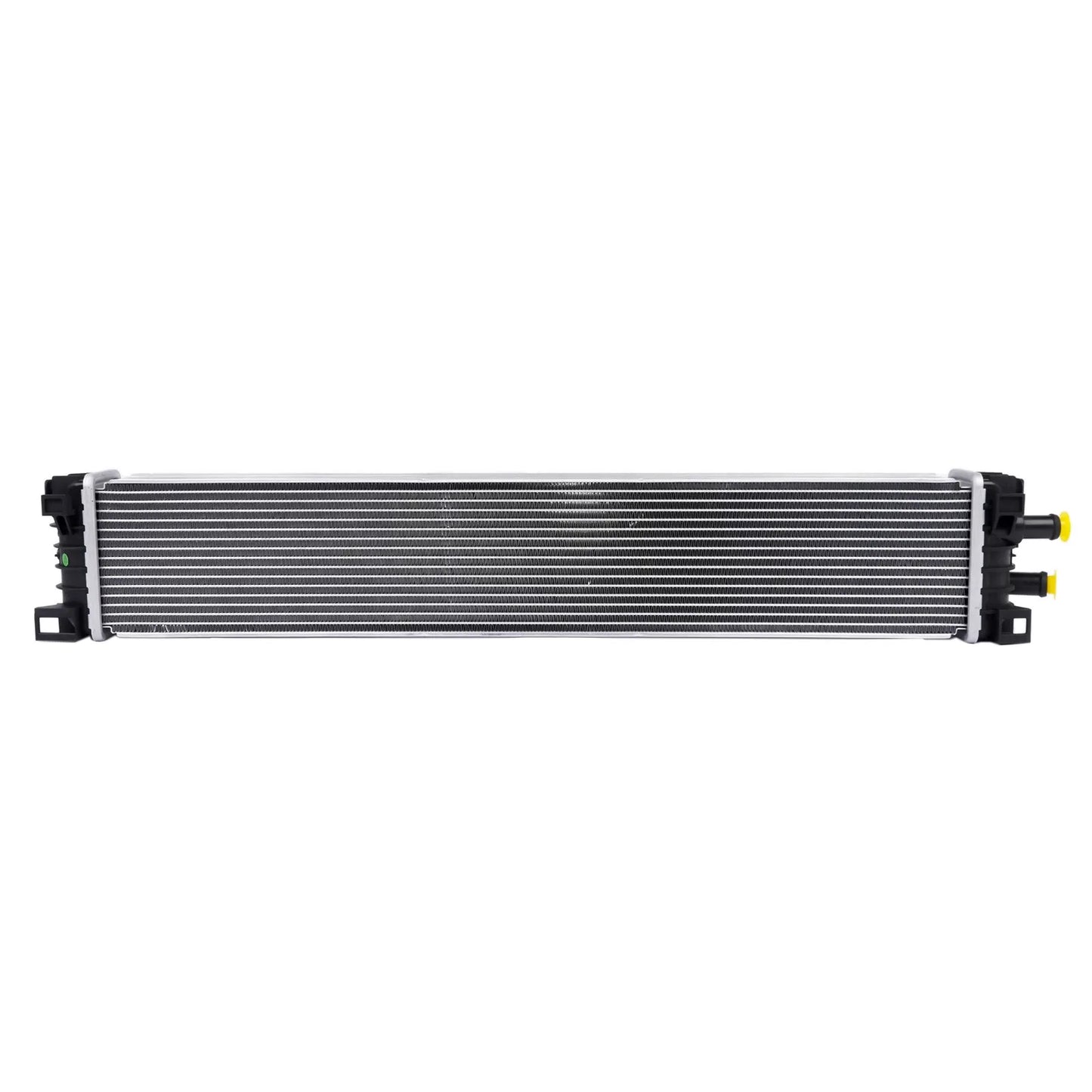 Black and silver automotive radiator with finned core black plastic end caps and yellow fluid ports 8w0145804a for audi