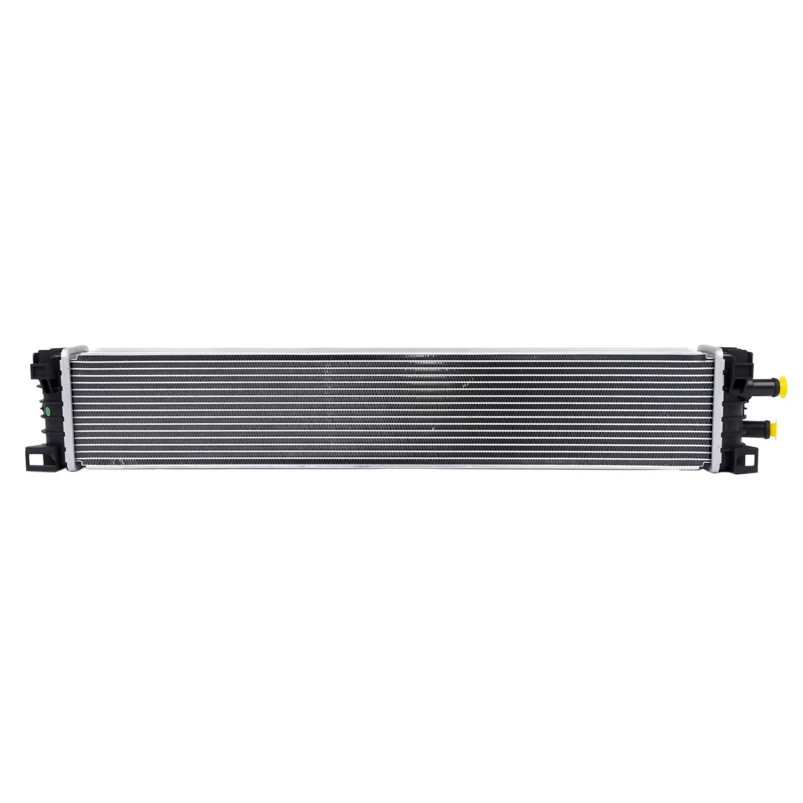 Black and silver automotive radiator with finned core black plastic end caps and yellow fluid ports 8w0145804a for audi