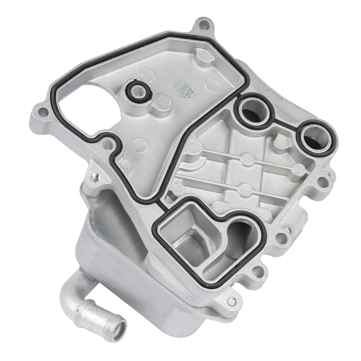 Srebrna metaliczna chłodnica oleju silnikowego z obudową vw touareg audi 3.0 tdi z czarnymi gumowymi uszczelkami tdi premium plus