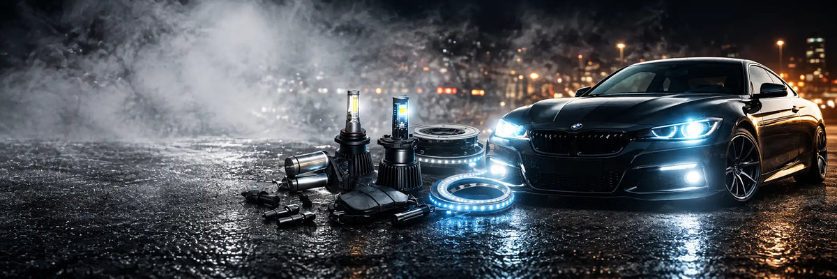 Czarny sedan BMW z podświetlonymi reflektorami i diodowymi pierścieniami LED na ziemi.