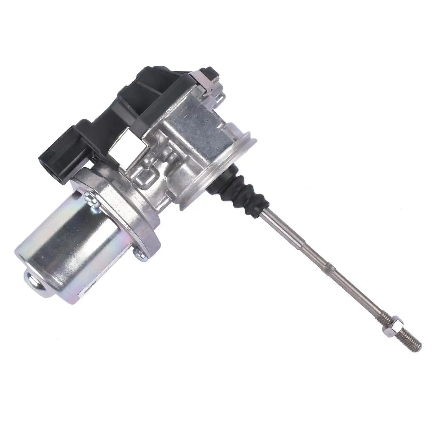 Srebrny metaliczny elektrozawór turbosprężarki z czarną plastikową obudową i gwintowanym prętem tfsi audi 06k145614g