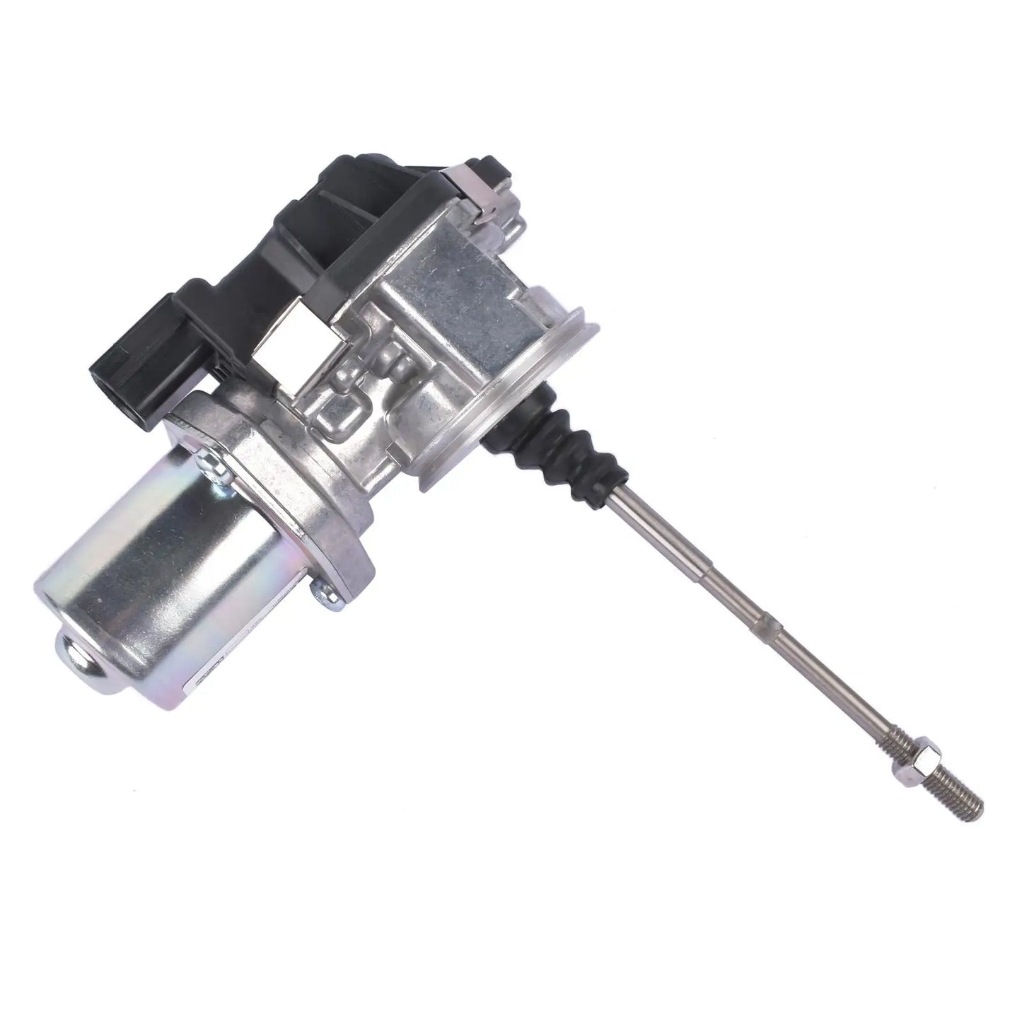 Srebrny metaliczny elektrozawór turbosprężarki z czarną plastikową obudową i gwintowanym prętem tfsi audi 06k145614g