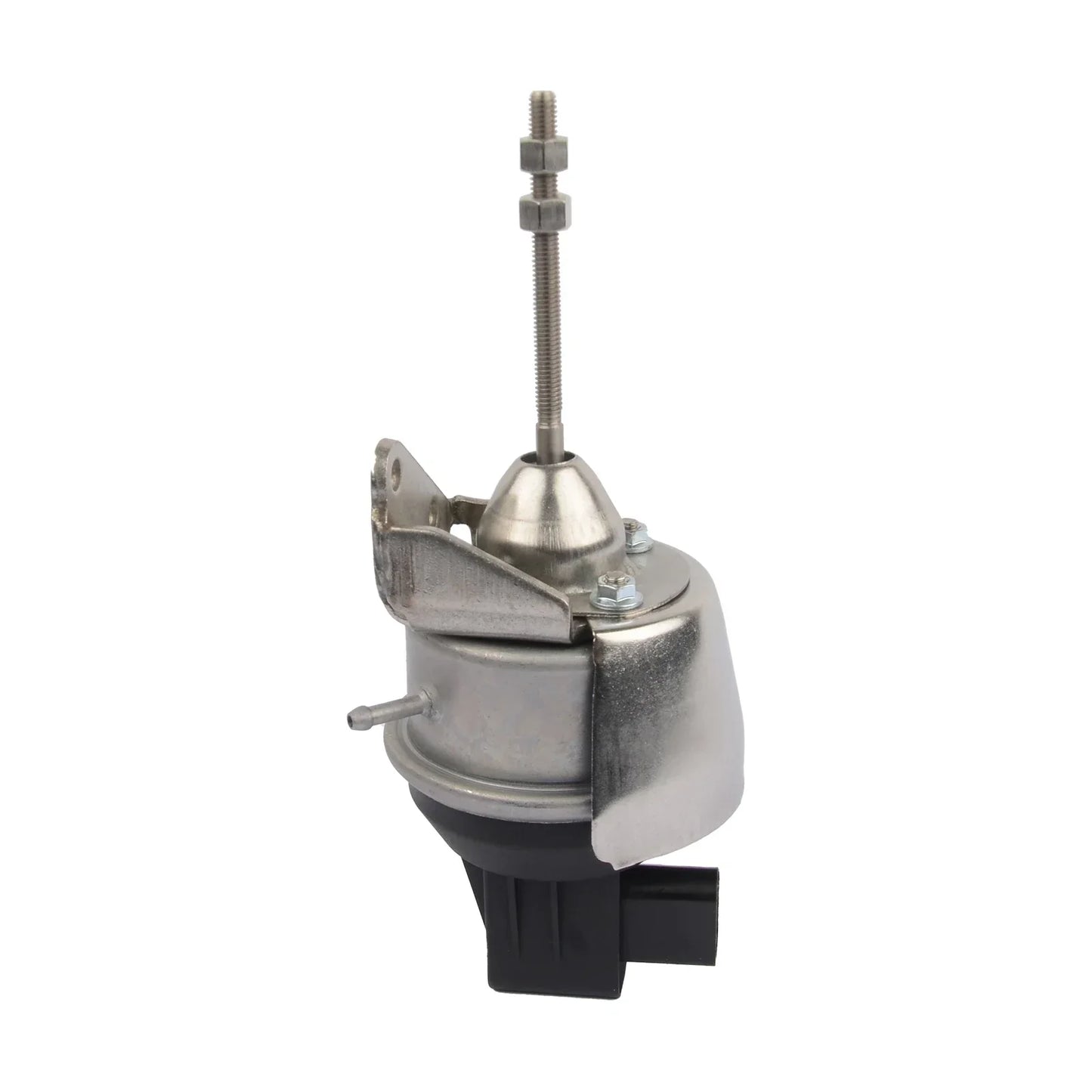 Srebrny metaliczny turbocharger electronic actuator z czarną plastikową podstawą i gwintowanym metalowym prętem do audi vw seat skoda