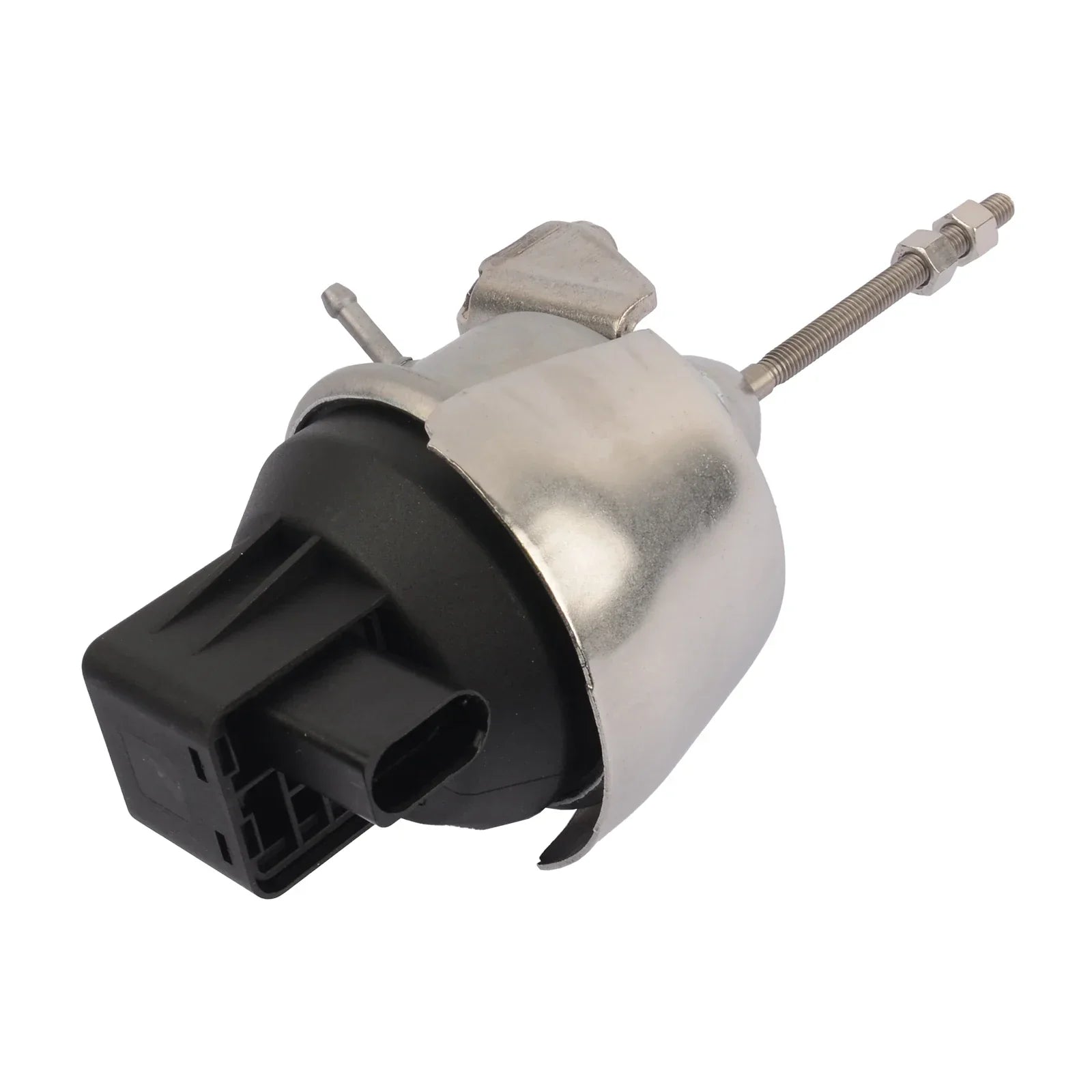 Srebrny metaliczny turbocharger electronic actuator z czarnym plastikowymłącznikiem i gwintowanym metalowym trzpieniem do audi A3 vw seat skoda