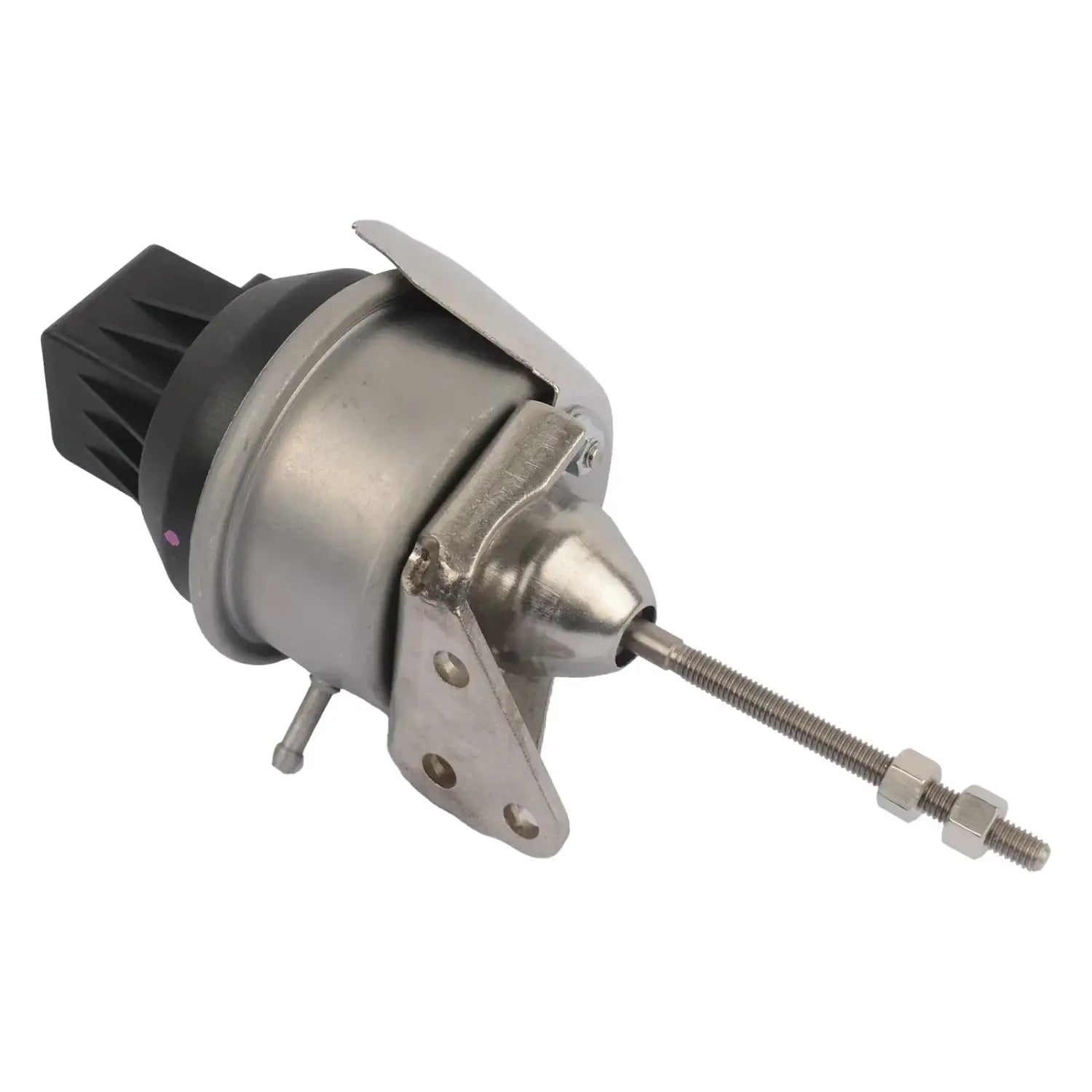 Srebrny metaliczny turbocharger electronic actuator z czarną plastikową obudową i gwintowanym metalowym trzpieniem do audi a3 vw seat skoda