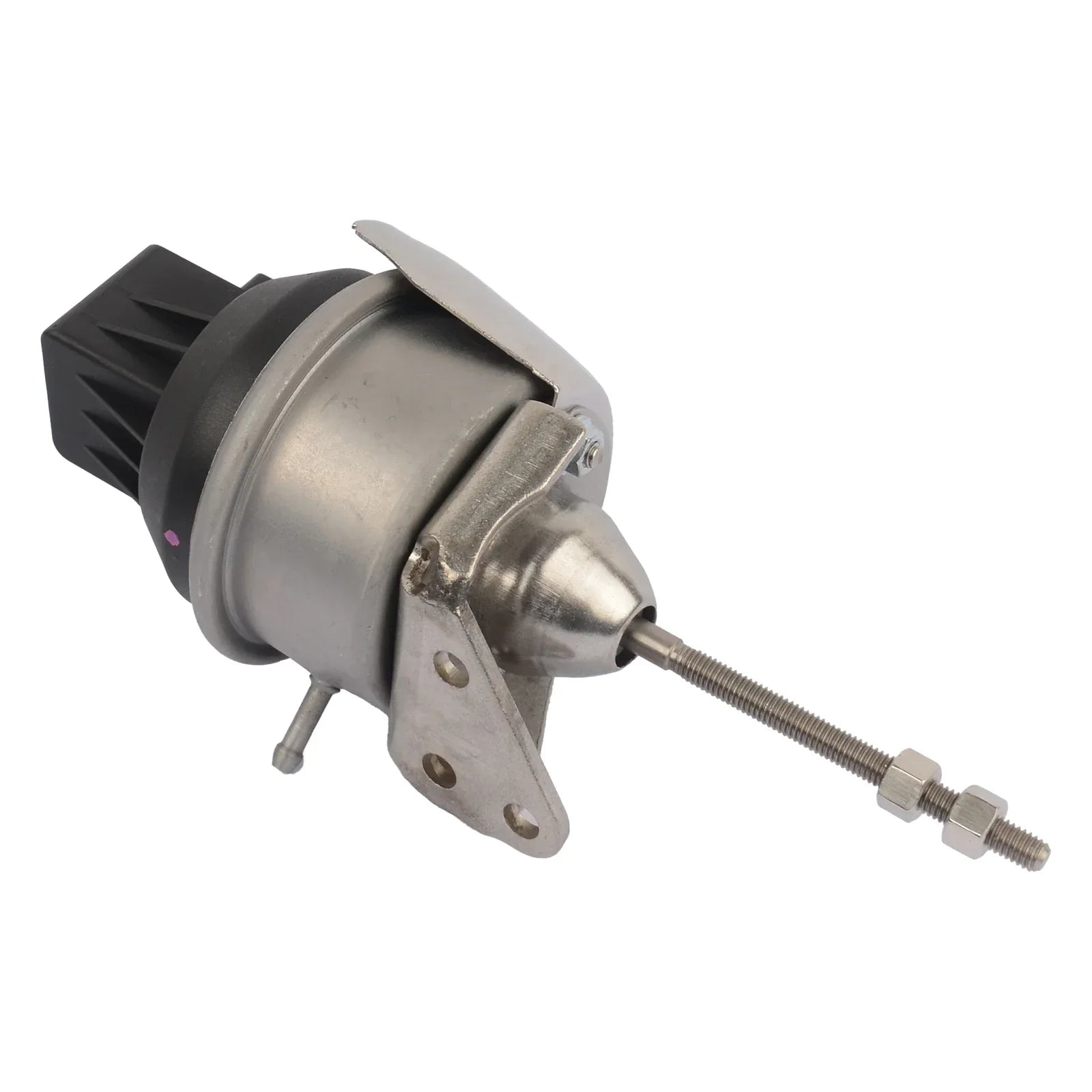 Srebrny metaliczny turbocharger electronic actuator z czarną plastikową obudową i gwintowanym metalowym trzpieniem do audi a3 vw seat skoda