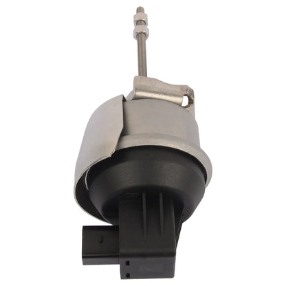 Silver and black turbocharger electronic actuator with threaded bolt and plastic connector for audi a3 vw seat skoda