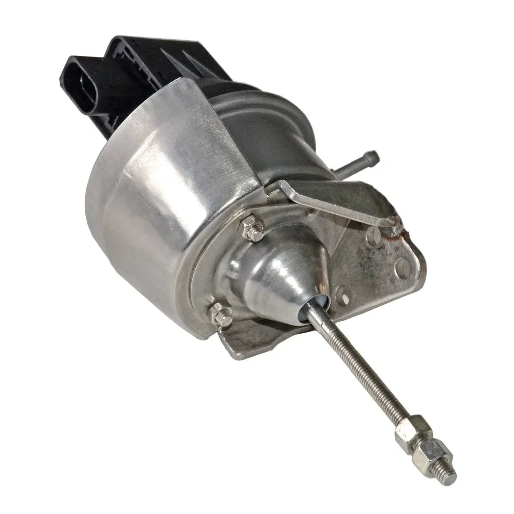 Srebrny metaliczny turbocharger electronic actuator z czarnym plastikowym złączem i gwintowanym prętem do audi vw skoda