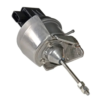 Srebrny metaliczny turbocharger electronic actuator z czarnym plastikowym złączem i gwintowanym prętem do audi vw skoda