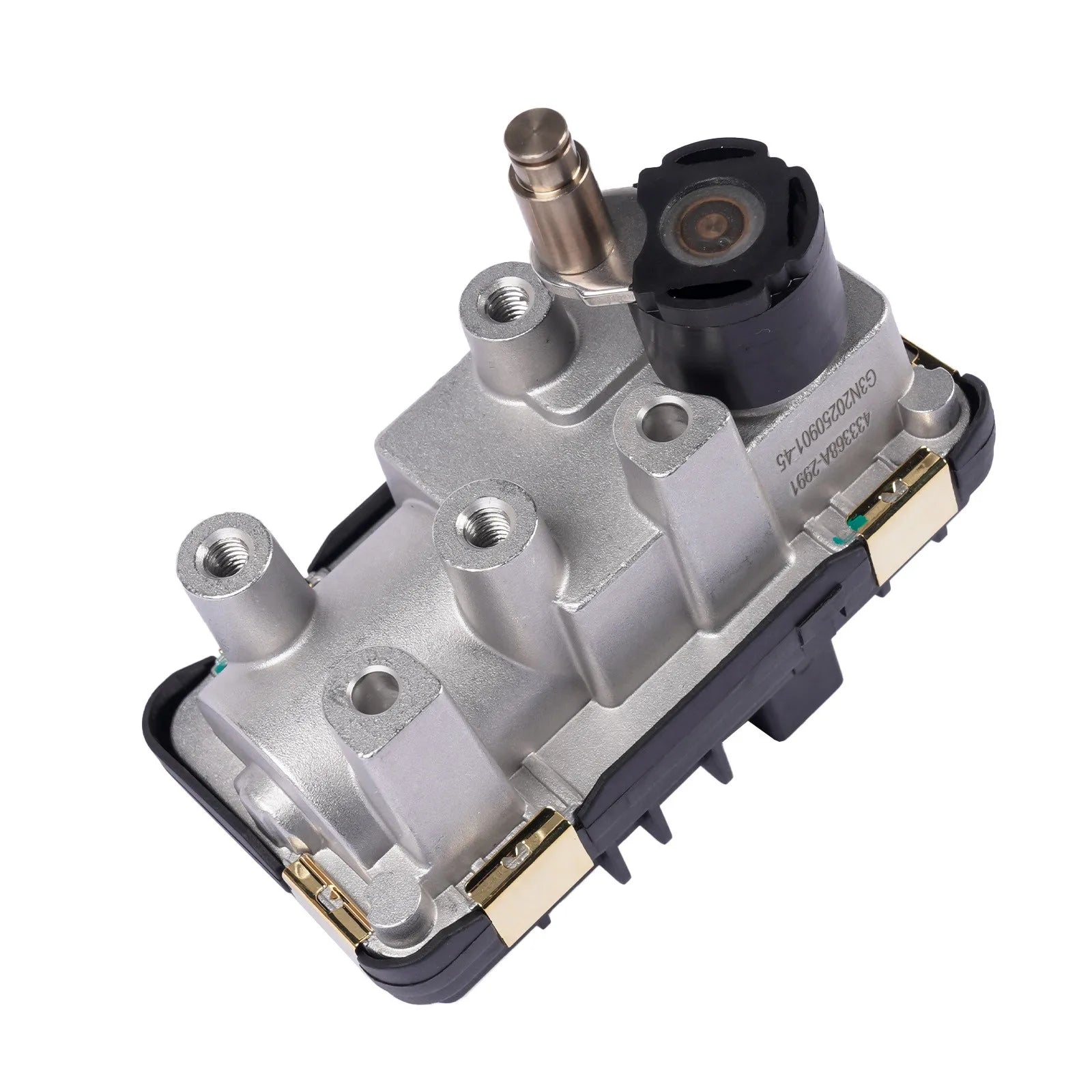 Srebrny metalowy zawór gazowy z czarną obudową i złotymi złączami do ap03 elektronicznego siłownika turbo b47 c20
