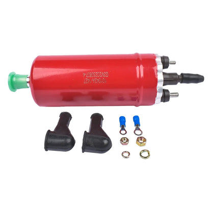 Czerwony cylindryczny elektryczny fuel pump 12v z zielonymi i czarnymi złączkami i metalowymi częściami do transporter iii part number 0580464070