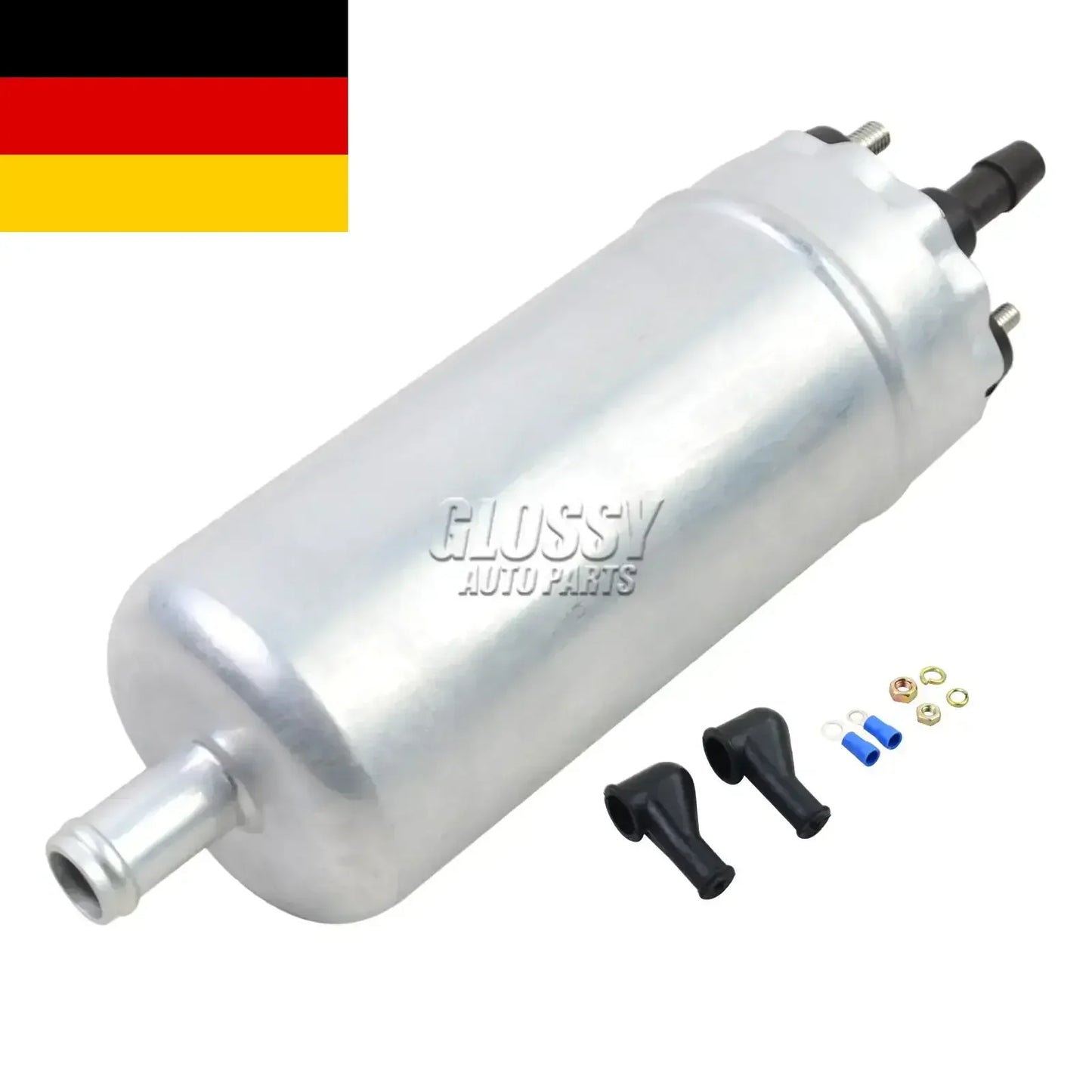 Srebrna metalowa pompa paliwa 12v ap03 z czarnymi elementami i akcesoriami do transporter iii part number 0580464070
