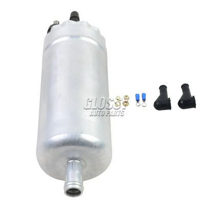 Srebrna metaliczna elektryczna pompa paliwa 12v z czarnymi plastikowymi elementami i metalowymi złączami do transporter iii part number 0580464070