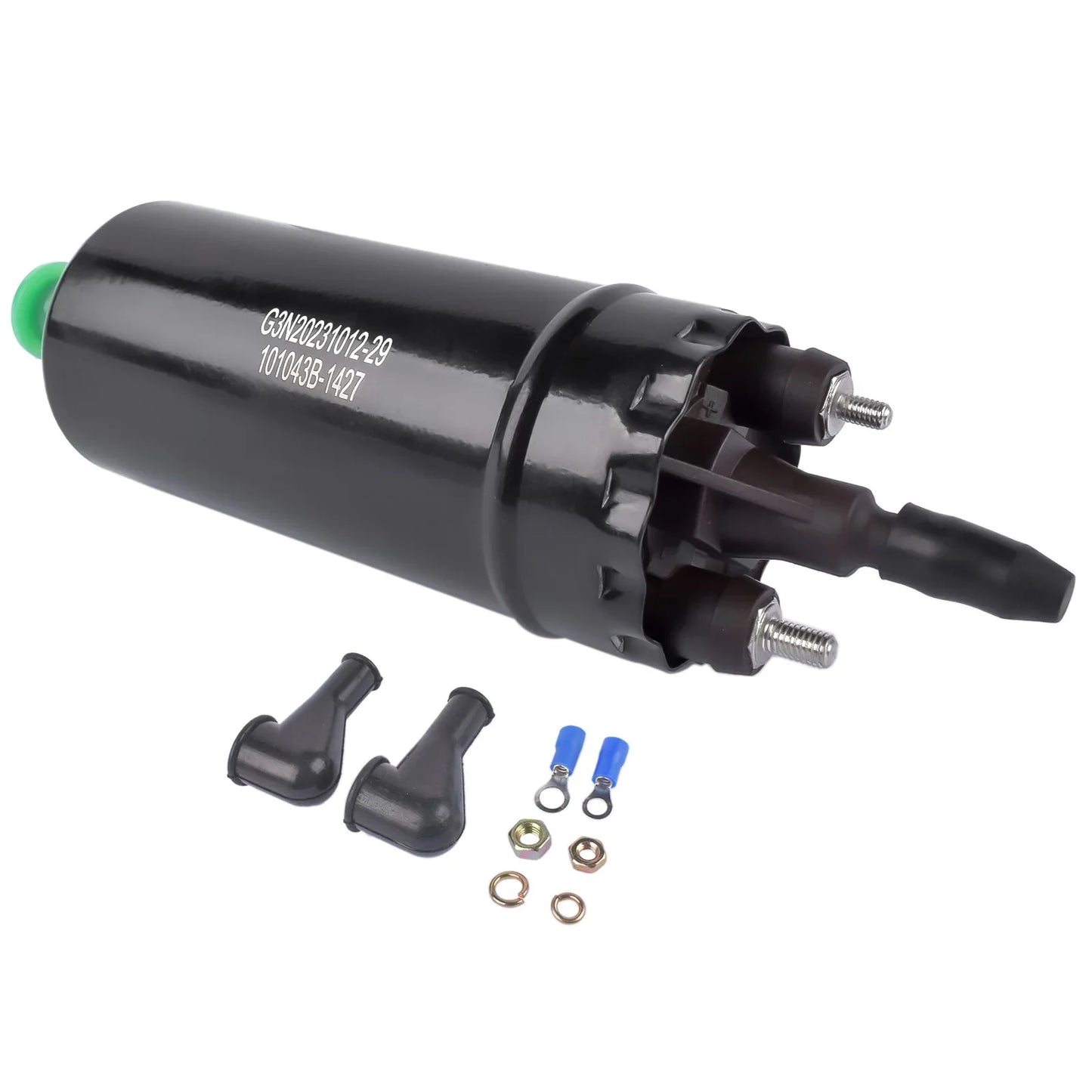 Czarny elektryczny fuel pump ap03 z zieloną nakrętką i metalowymi złączami do transporter iii part number 0580464070