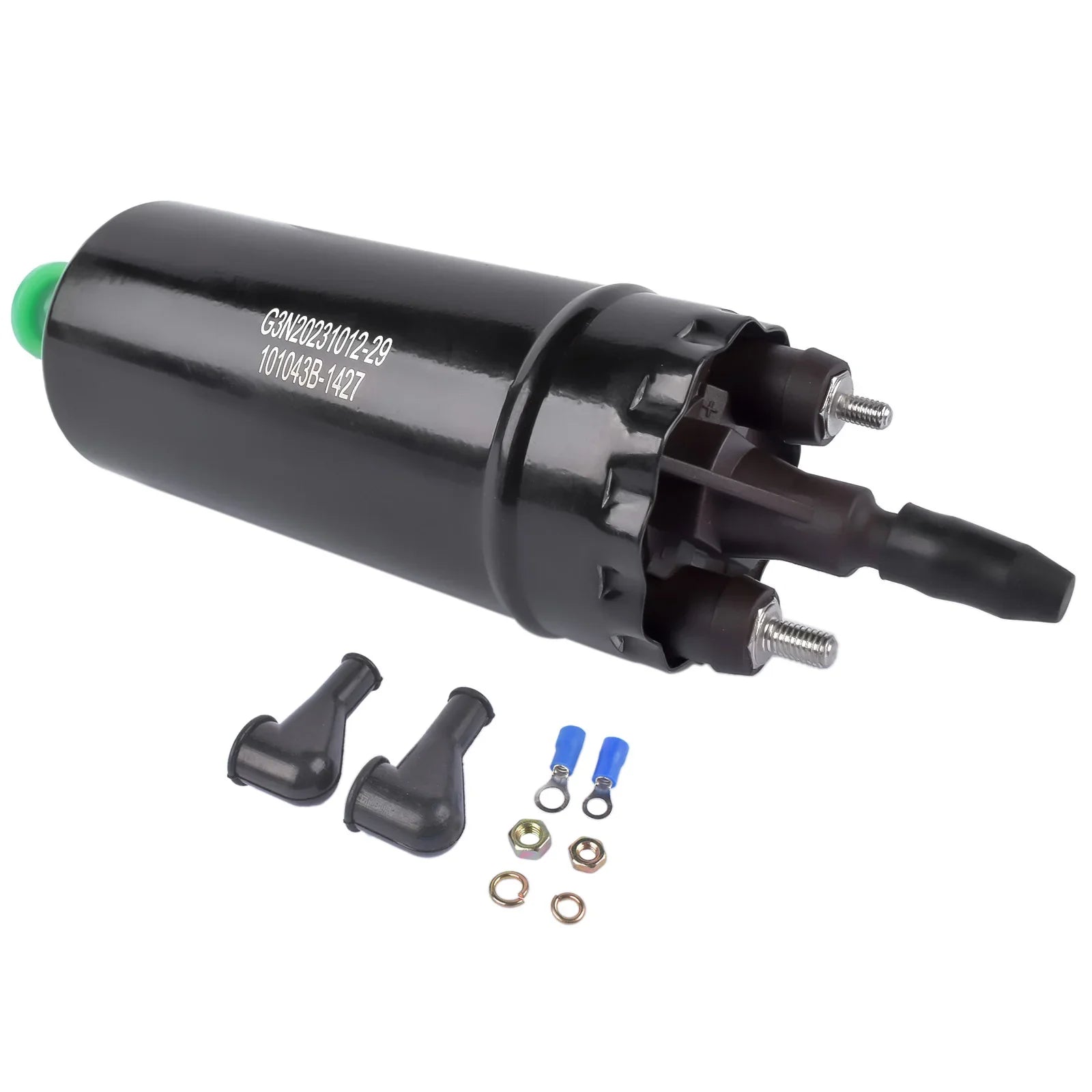 Czarny elektryczny fuel pump ap03 z zieloną nakrętką i metalowymi złączami do transporter iii part number 0580464070