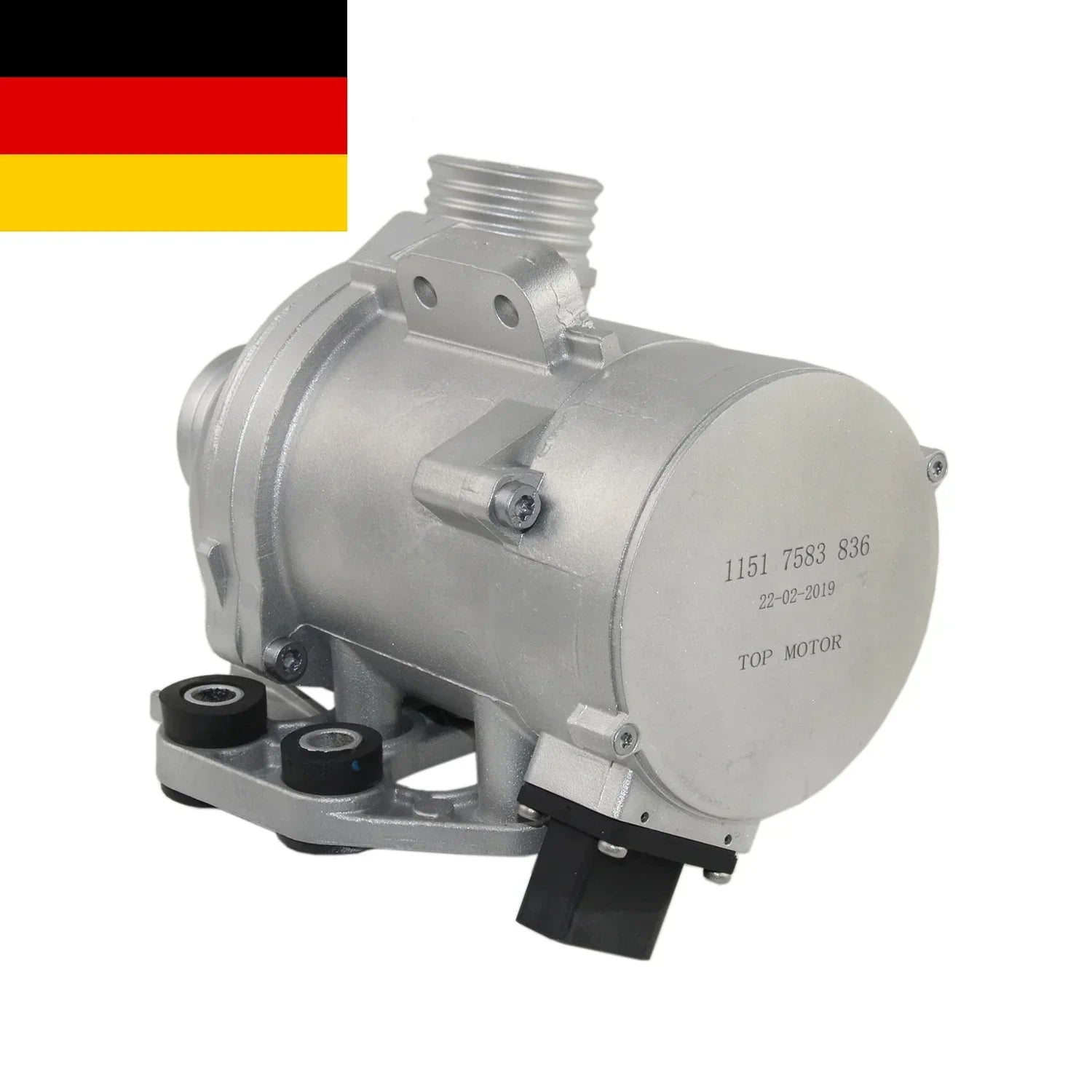 Srebrna metaliczna pompka wody elektryczna ap03 do bmw f10 f11 xdrive 28i z czarnymi gumowymi tulejami i plastikowym konektorem