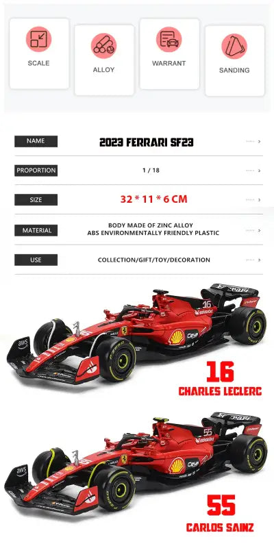 Model Wyścigowy Ferrari SF23 F1 2023 1:18 Metalowa Replika