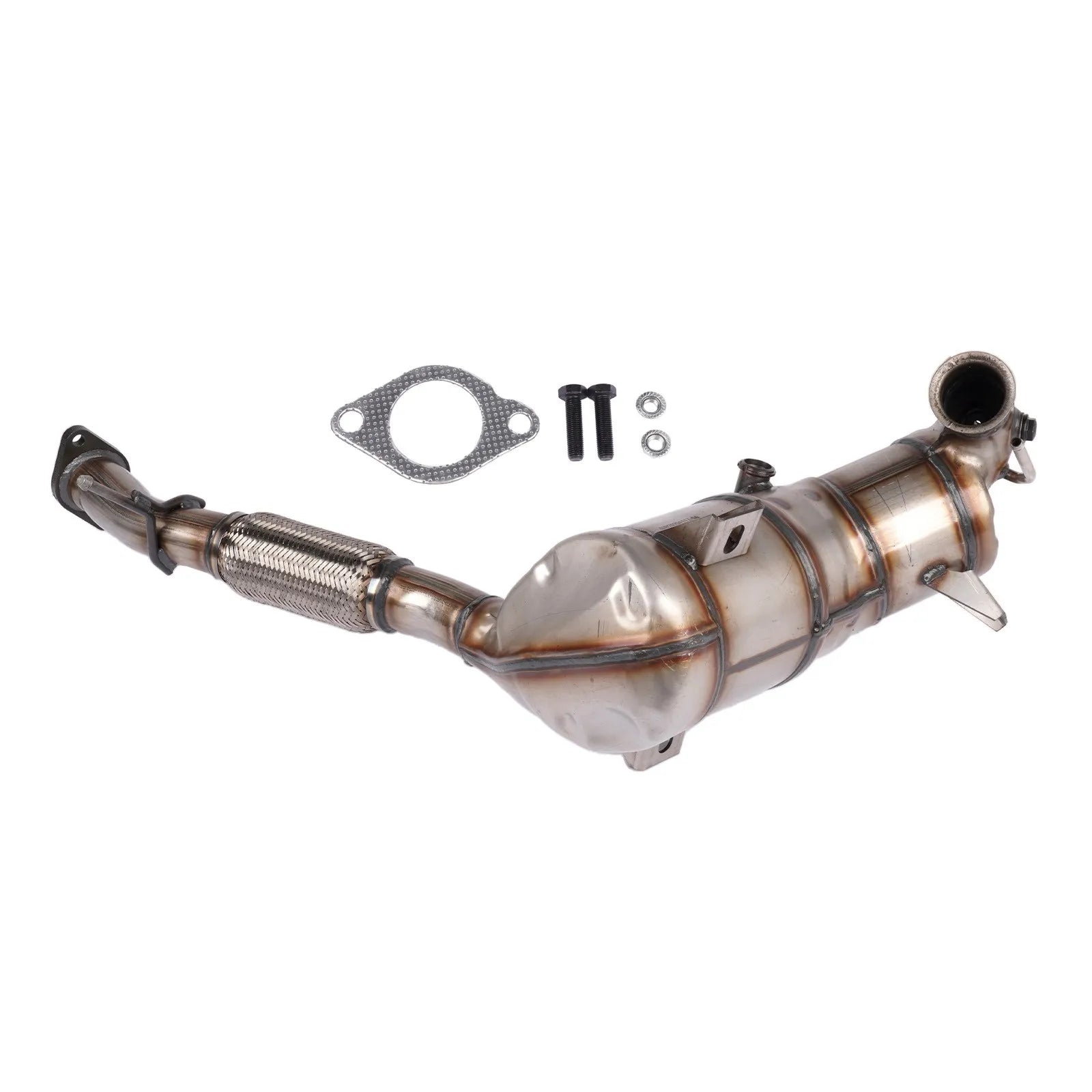 Srebrny metaliczny filtr cząstek diesla dpf z siatkową częścią i końcówkami kołnierzowymi do ford tourneo transit custom v362