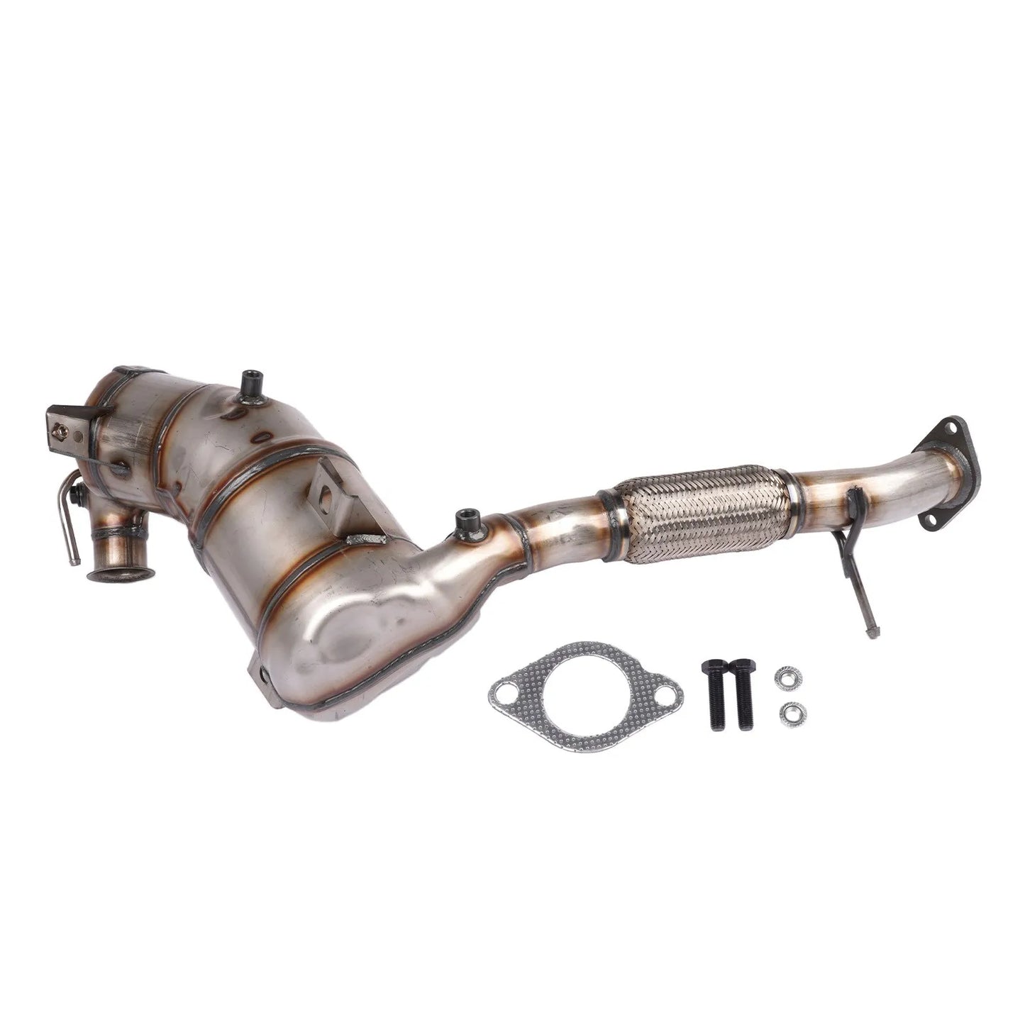 Srebrny metaliczny katalizator z siatkowym oplotem i mocowaniem do ford tourneo transit custom v362