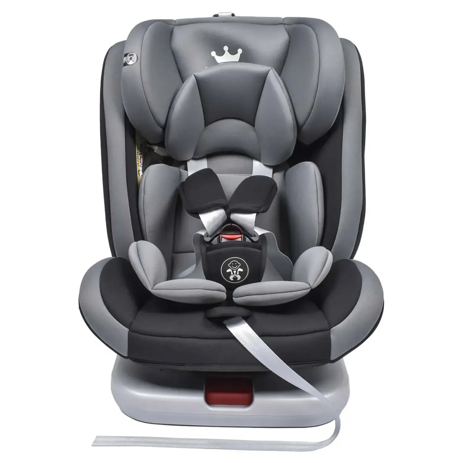Gray and black convertible child seat with isoifx 360 degree swivel and crown emblem on the headrest