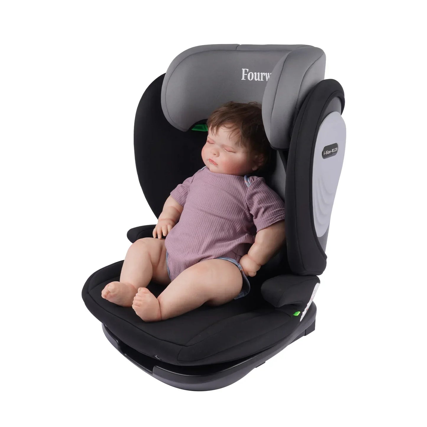 Szary i czarny fotelik samochodowy isofix ece r129 6 gwiazdek z miękkim wypełnieniem dla dzieci 3-12 lat