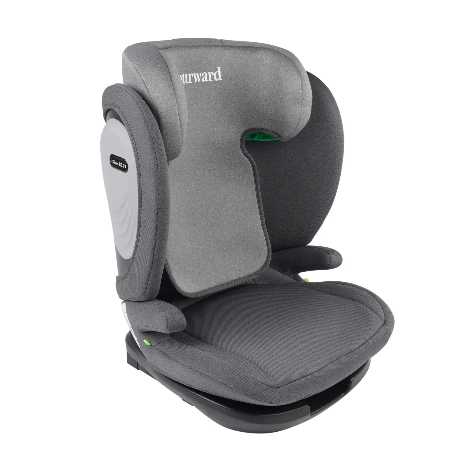 Fotelik samochodowy dziecięcy isofix ece r129 szary z czarną bazą i zielonymi akcentami marka ourward