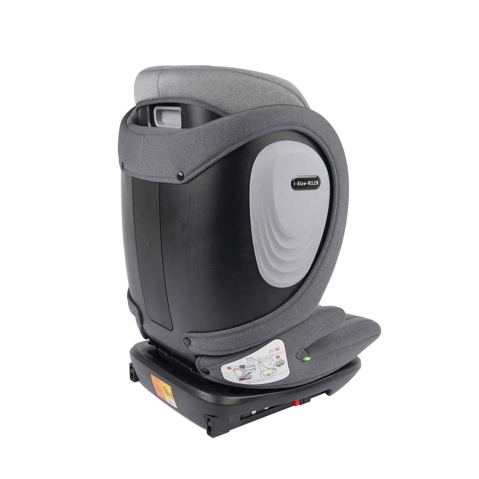 Fotelik samochodowy isofix ece r129 szary i czarny z materiałową osłoną głowy i formowaną obudową z plastiku