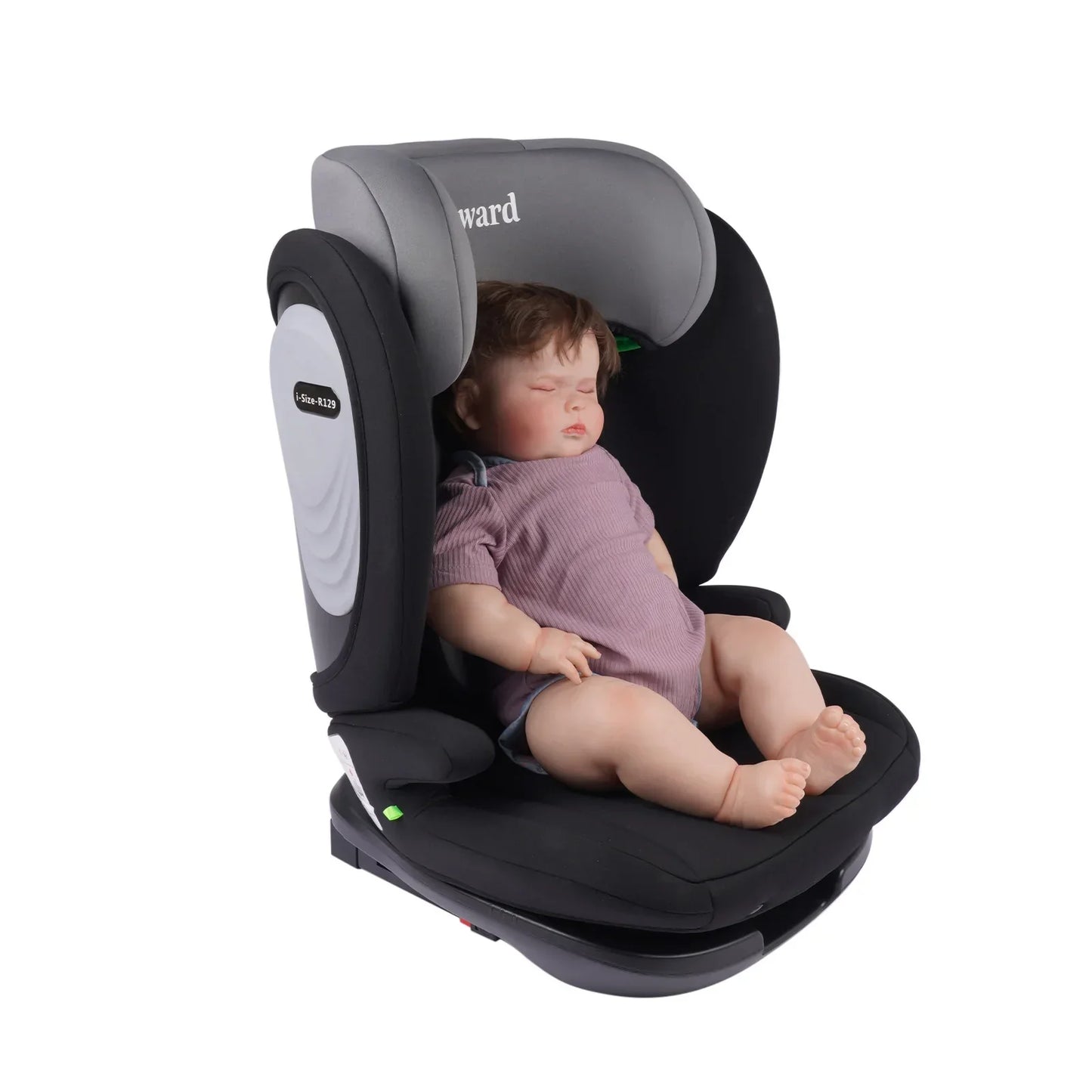 Gray i czarny fotelik samochodowy dzieciecy isofix ece r129 11-36 kg z pikowanym materialem i logo ward