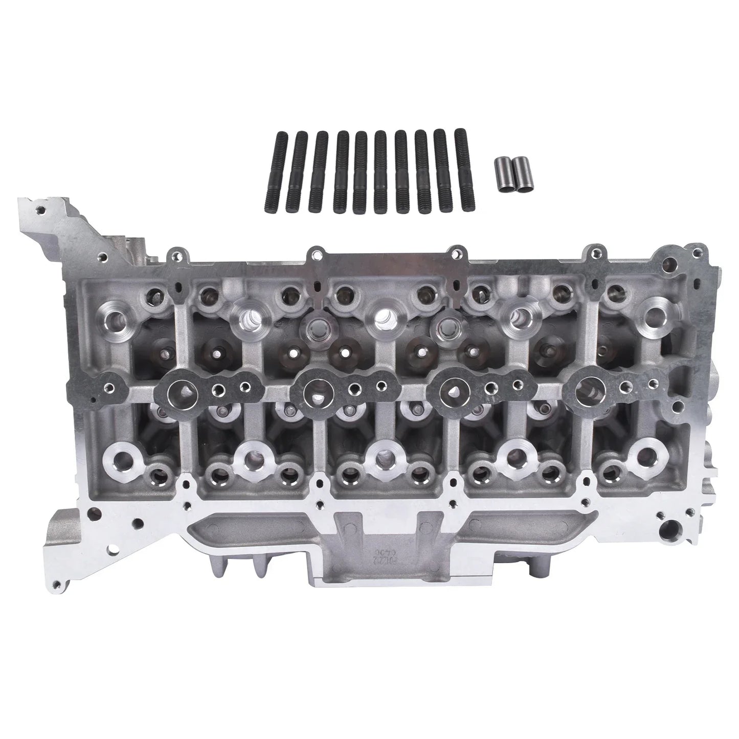 Srebrna aluminiowa głowica cylindrów z czarnymi śrubami pokrywy zaworów i dwoma cylindrycznymi elementami do ford transit custom v362 v363 2.0 ecoblue