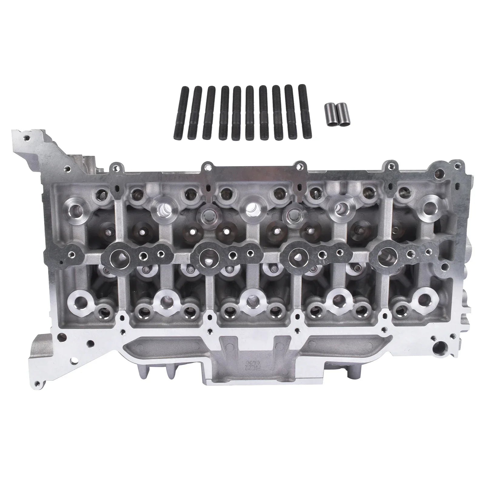 Srebrna aluminiowa głowica cylindrów z czarnymi śrubami pokrywy zaworów i dwoma cylindrycznymi elementami do ford transit custom v362 v363 2.0 ecoblue