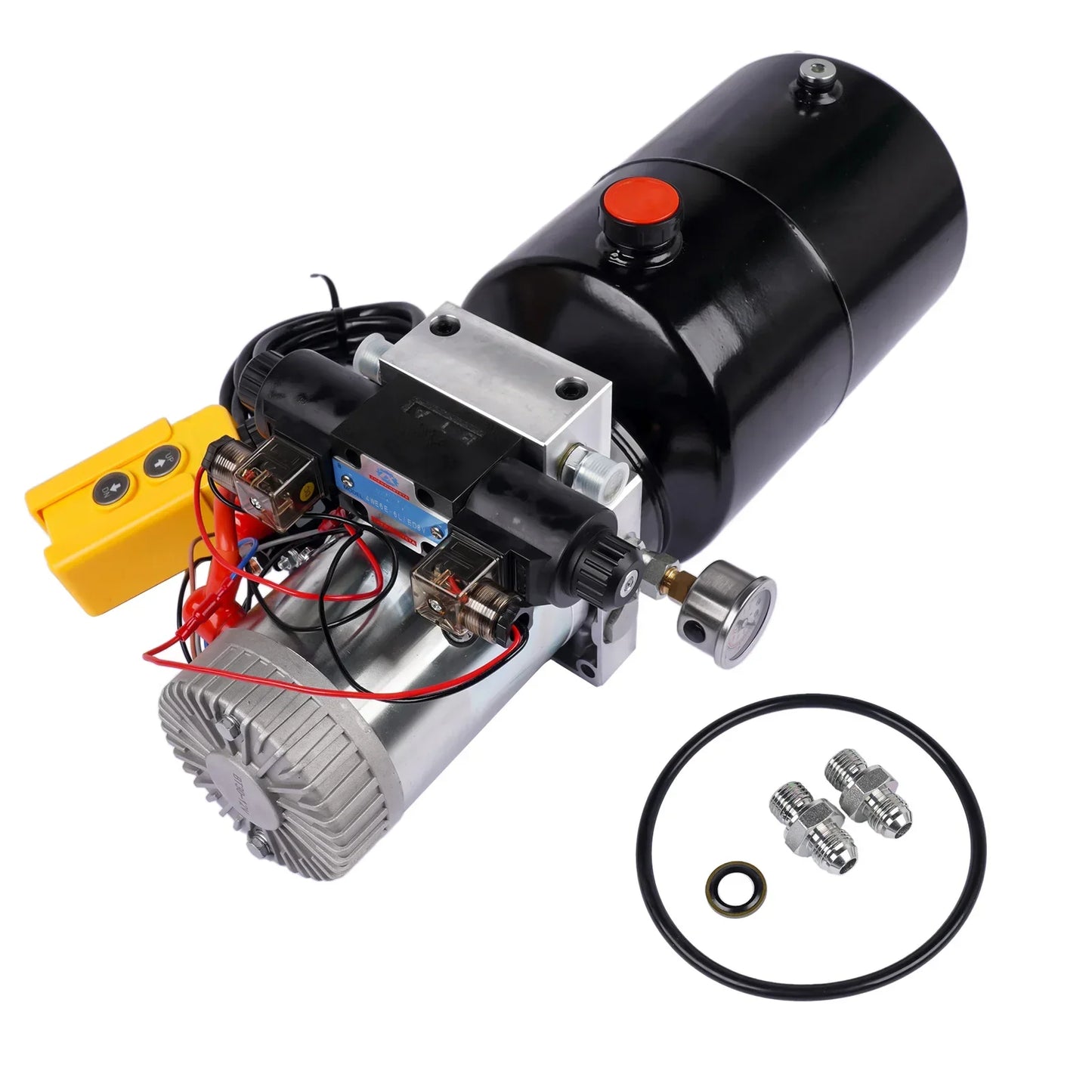 Czarny hydrauliczny zestaw zasilania 12v dc z podwójnie działającą hydrauliczną pompą 1,6 kw i żółtym pilotem