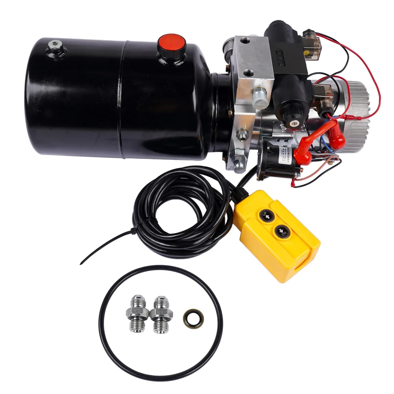 Czarny hydrauliczny zestaw zasilania 12v dc z podwójnie działającą hydrauliczną pompą i żółtym pilotem