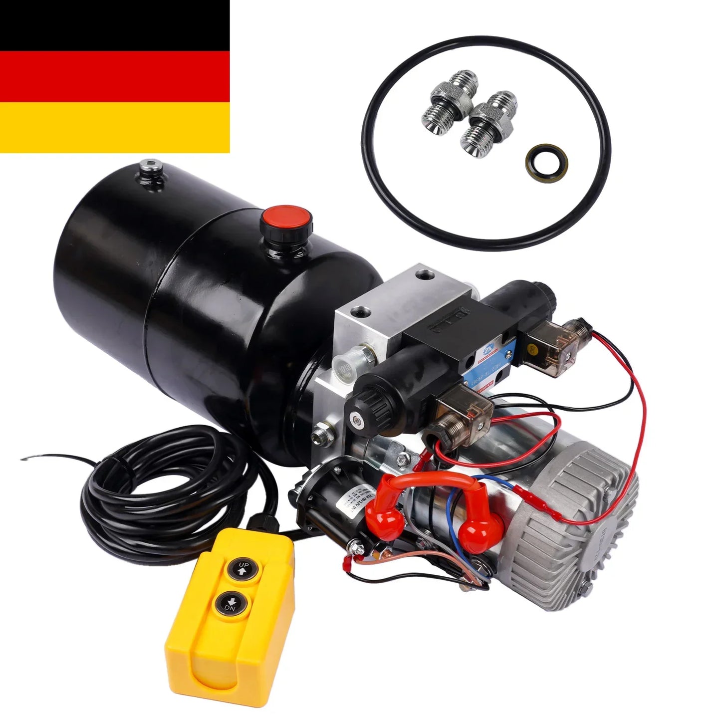 Czarny hydrauliczny zestaw zasilania 12v dc z podwójnie działającą pompa 1,6 kw i srebrnym blokiem zaworów