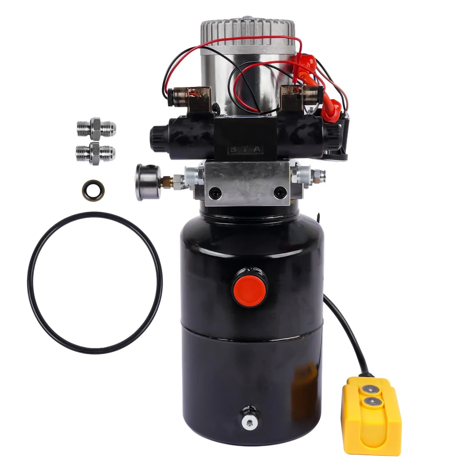 Czarny hydrauliczny zestaw zasilania 12v dc z srebrnym topem, czerwoną stop awaryjną i żółtym nożnym pedałem, podwójnie działająca pompa hydrauliczna