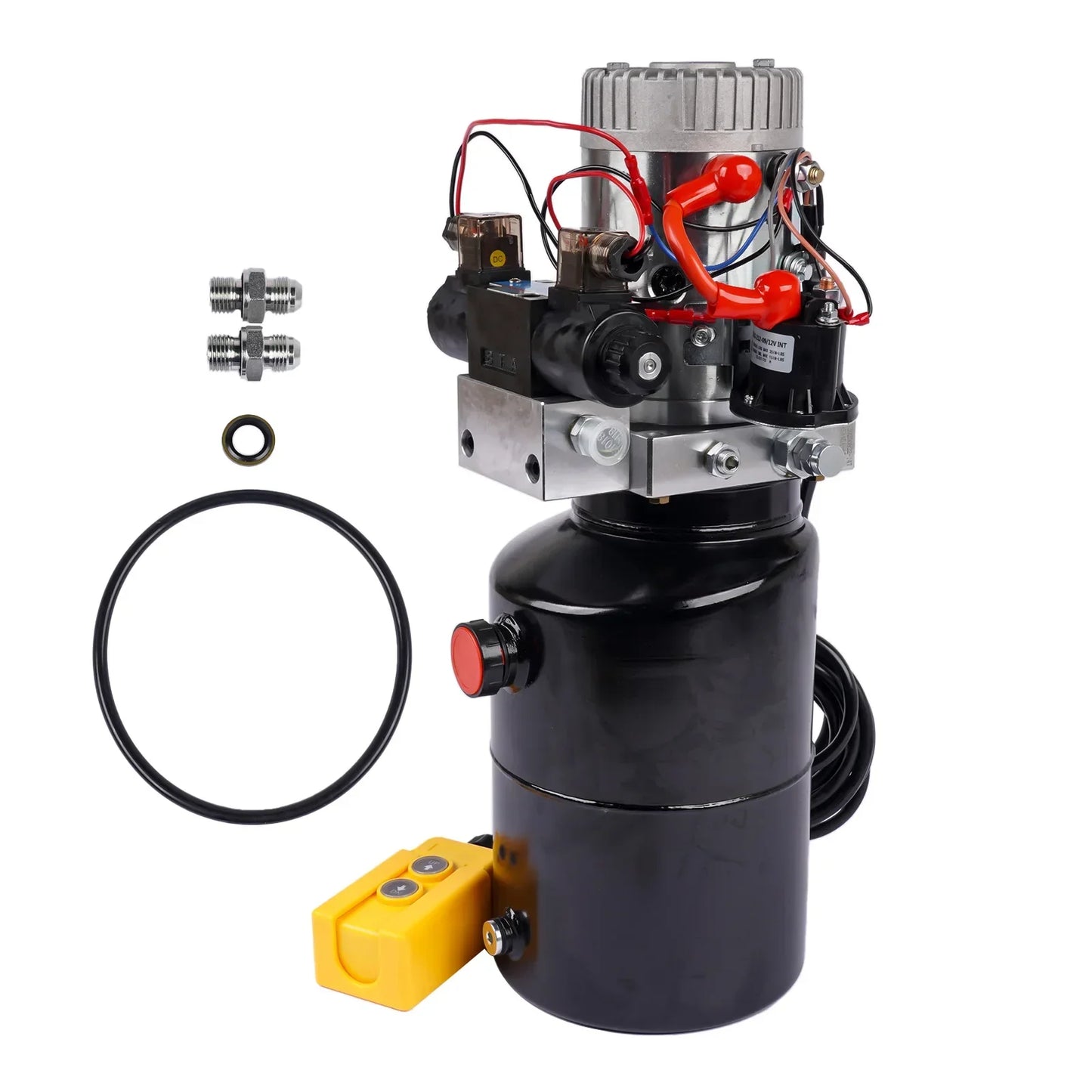 Czarny hydrauliczny zestaw zasilania 12v dc z podwójnie działającą hydrauliczną pompą i czerwonymi dźwigniami