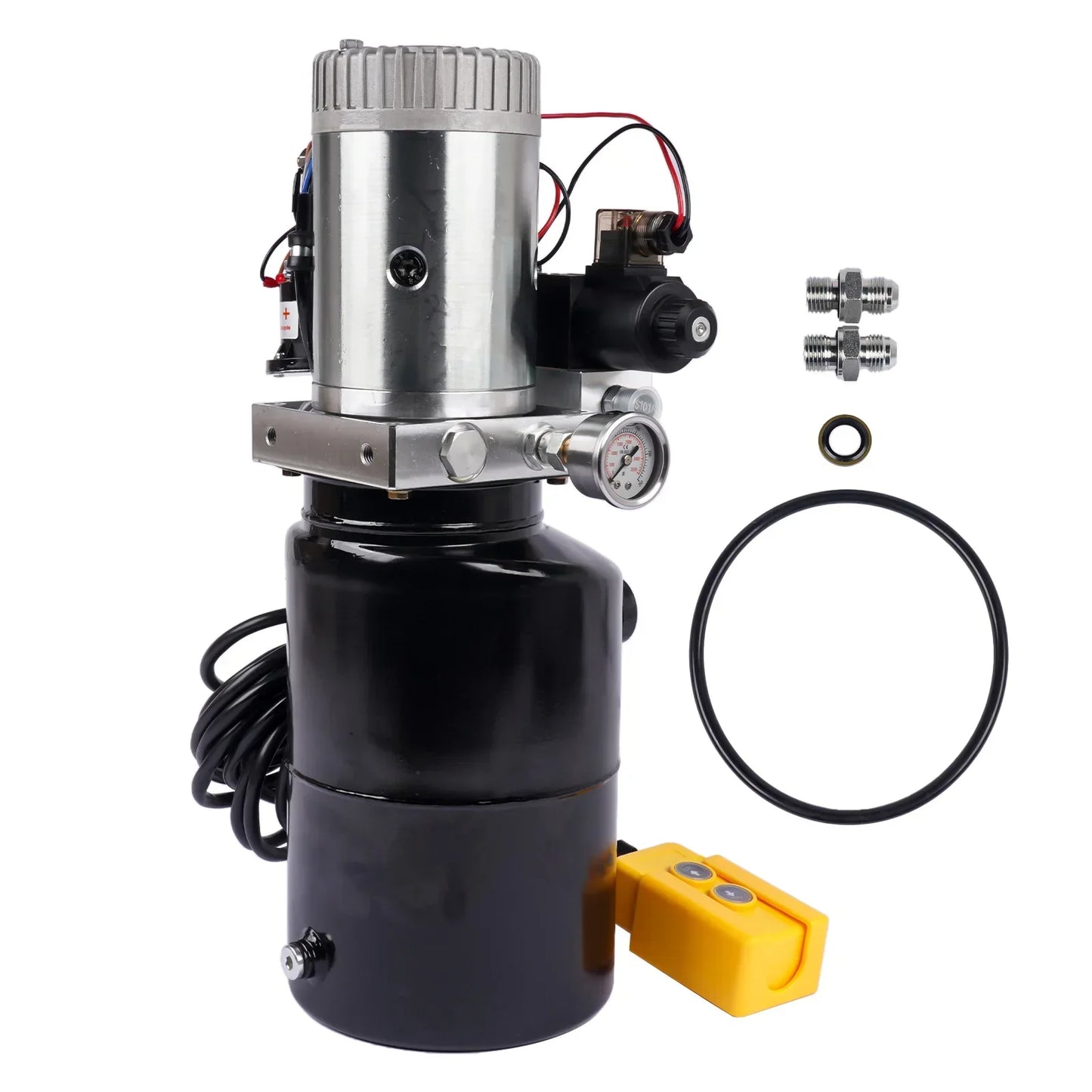 Czarny hydrauliczny zestaw zasilania 12v dc z podwójnie działającą hydrauliczną pompą i żółtym pilotem