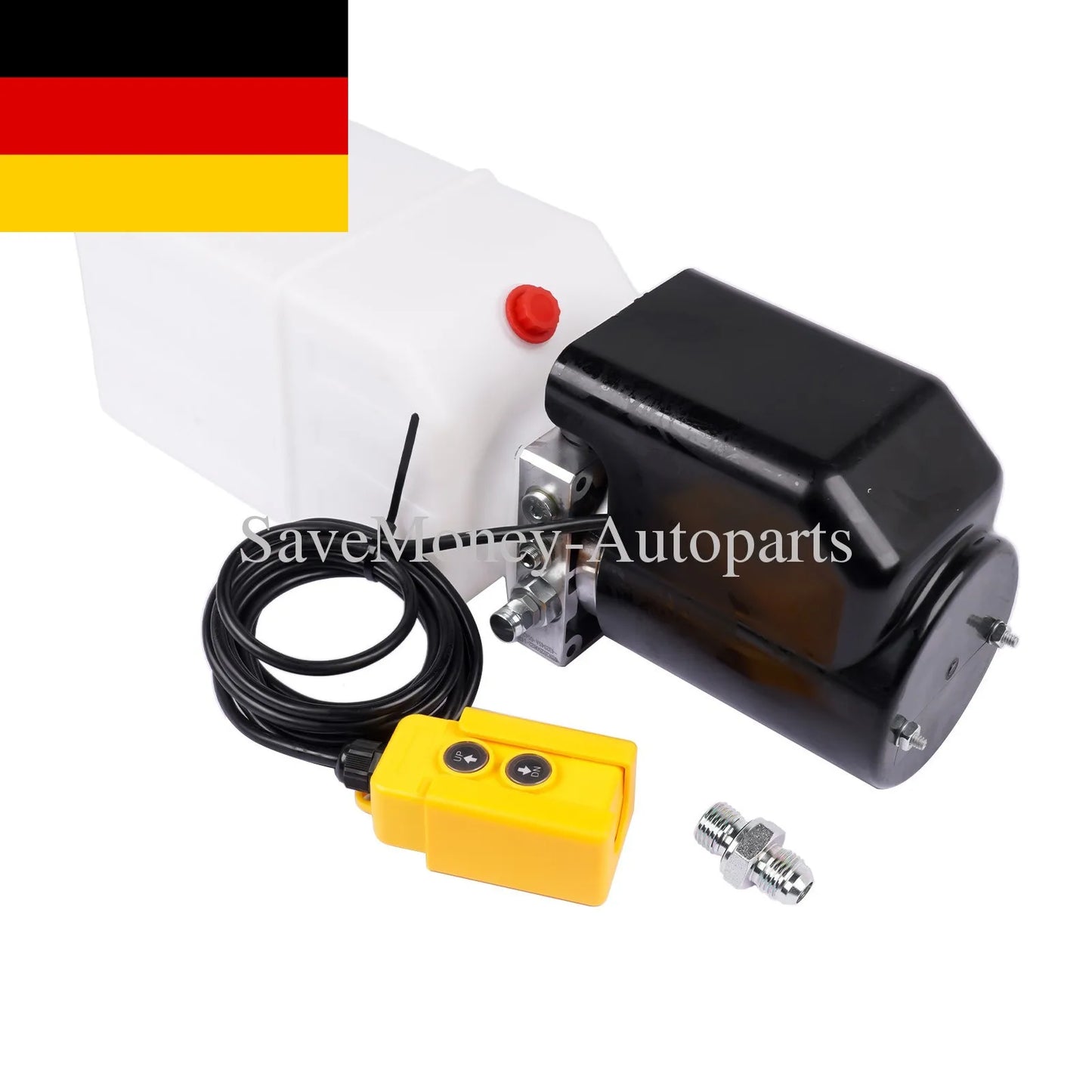 Ap03 hydrauliczny zestaw napędowy 12v z białym zbiornikiem i żółtym modułem sterującym z regulowanym zaworem ciśnienia