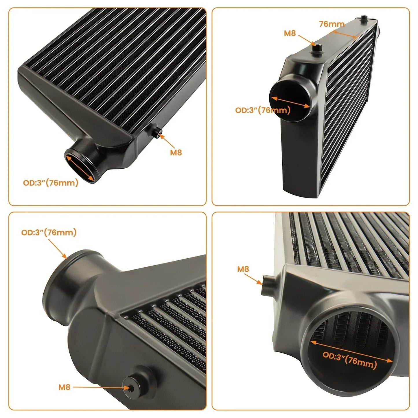 600x300x76 intercooler 3.0" 76 mm inloppsutlopp + 2.5" 64mm intercoolerrörsatser