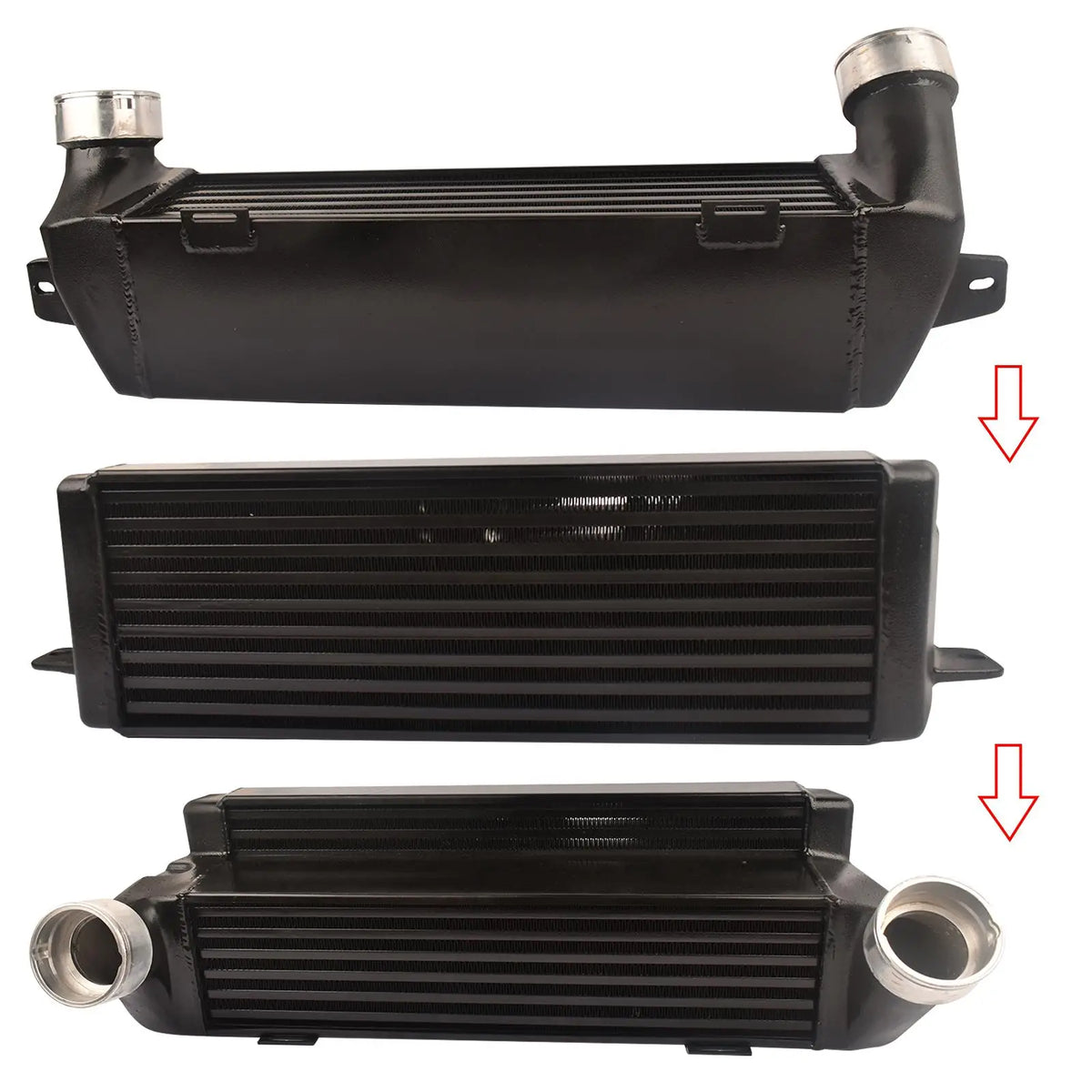 Czarny intercooler do bmw 3 e90 e91 e92 330d 335d z żebrowanym rdzeniem i srebrnymi króćcami do montażu przed zakupem