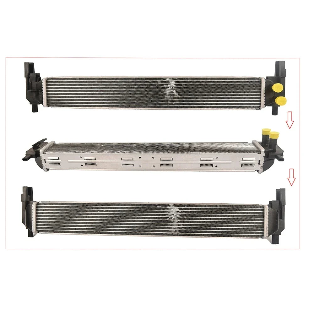 Srebrny chłodnica intercoolera z czarnymi plastikowymi końcówkami i żółtymi złączkami do płynu do audi a1 vw polo tdi diesel 6c0121253b 6r0145805e 6r0145805h
